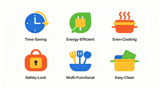 Colorful flat kitchen appliance function icon, time-saving, energy-saving, safe and easy to clean lock, suitable for kitchen appliance product detail pages and product promotional materials.
