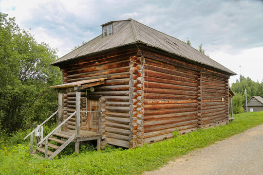 Grain barn on a clear sunny day, Khokhlovka, Perm region. Sights of Russia, World tourism.