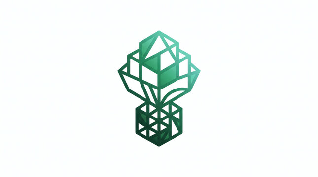 Modern green gradient geometric tree logo symbol composed of faceted crystals and cubes, ideal for corporate sustainability, eco technology, environmental growth, and renewable energy.