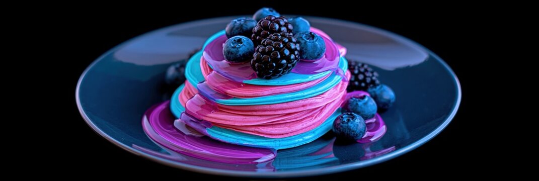 Vibrant stack of colorful pancakes with fresh berries and syrup on a dark plate, isolated on black background
