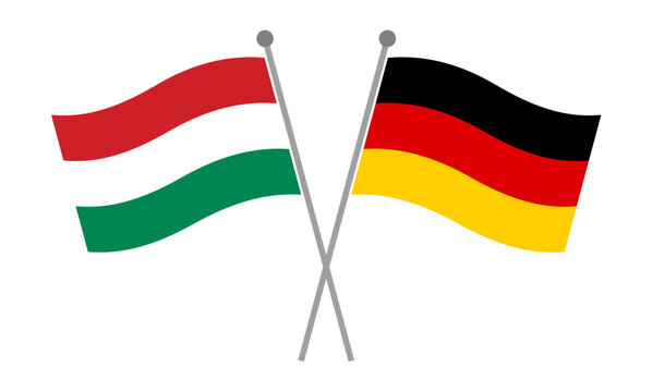 Crossed national flags of Hungary and Germany on flagpoles representing diplomatic relations, international partnership and geopolitical cooperation vector illustration