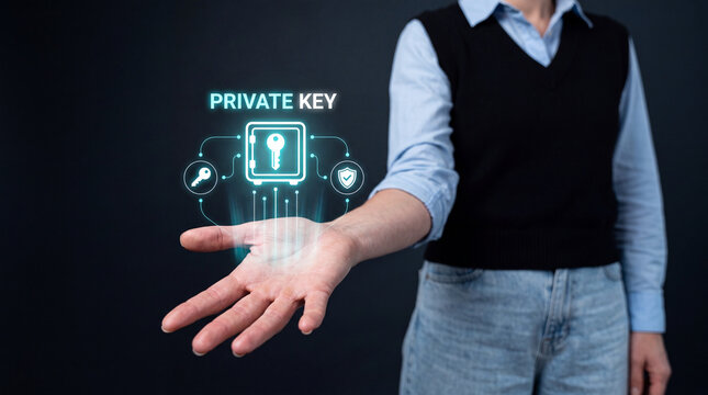 Private Key Hologram Icon Held by Businesswoman Hand