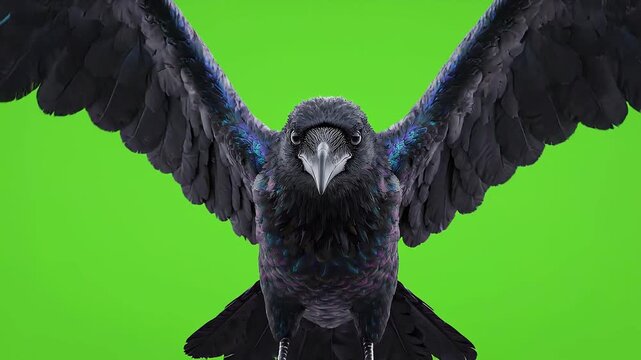 Black raven bird flying forward on green screen background cinematic slow motion close up of wildlife creature in flight motion footage.