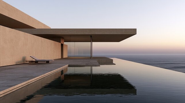 Modern minimalist villa with infinity pool overlooking the ocean at sunset