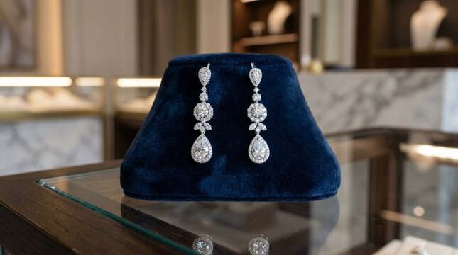Elegant Diamond Drop Earrings on Blue Velvet Stand, Luxury Jewelry Display