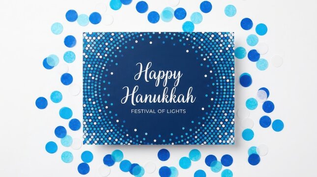 Hanukkah greeting card design featuring dark blue background with scattered circular confetti dots for festivities.