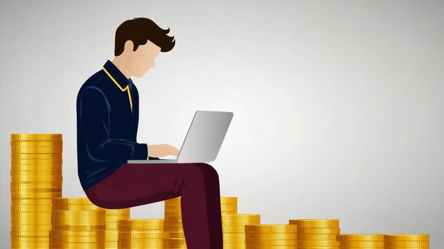 Cartoon Freelancer Working on Laptop While Sitting on Stacks of Gold Coins Representing Online Income and Financial Success