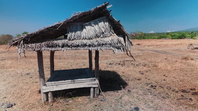 Abandoned Wooden Thatched Hut in Dry Savanna Field