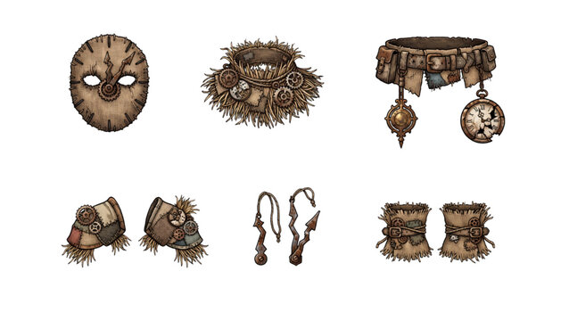 Rustic steampunk costume accessories featuring burlap mask, gear belt, straw cuffs and pocket watch vector design