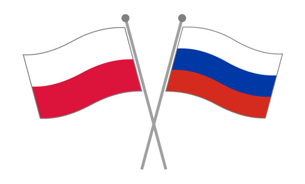 Crossed national flags of Poland and Russia on flagpoles representing diplomatic relations, international partnership and geopolitical cooperation vector illustration