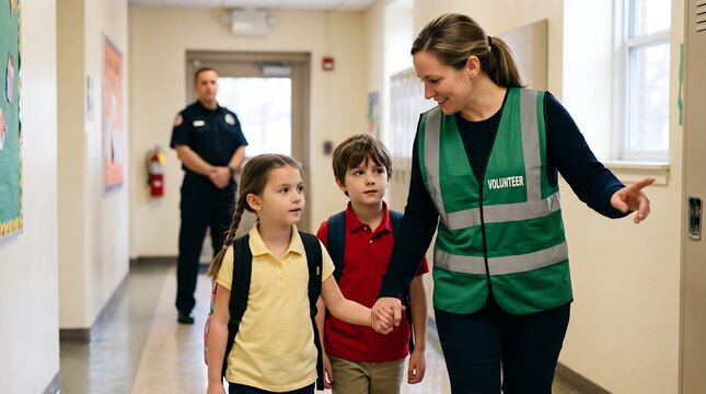 A female volunteer in a green vest guides two young students down a school hallway, with a security guard in the background.