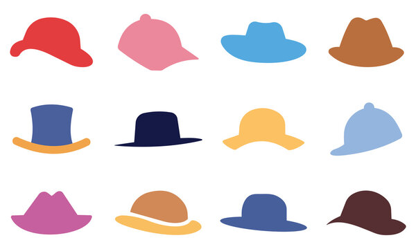 Set of colorful hats icon collection. Stylist different sizes cap silhouette vector symbol website graphic design. Modern ladies and gentlemen fashion hats sign isolated on white background.