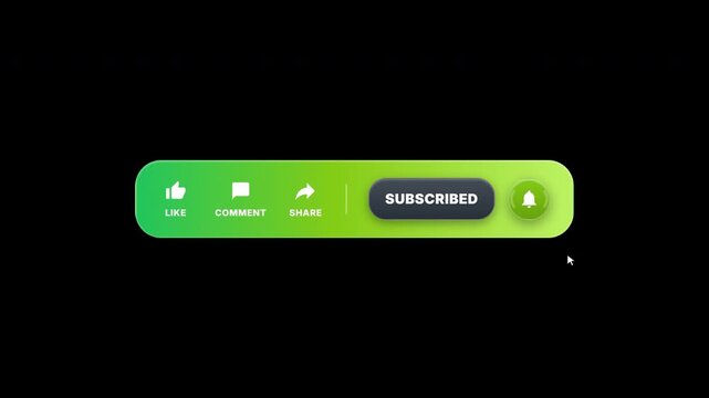 Green subscribe button animation with social media icons, video call to action on transparent background