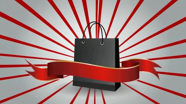 Black Shopping Bag with Red Promotional Ribbon for Retail Sale Discount and Product Advertising Concept