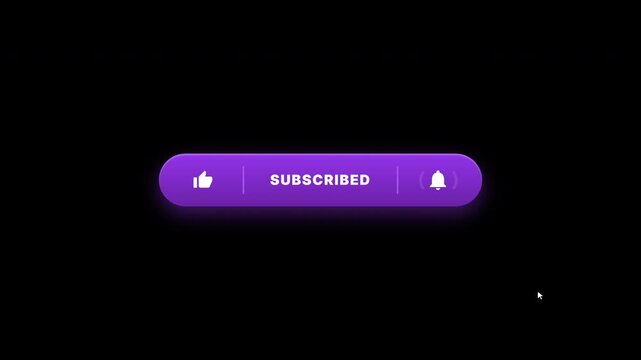 Purple subscribe button with like and notify icons, social media overlay, notification bell icon