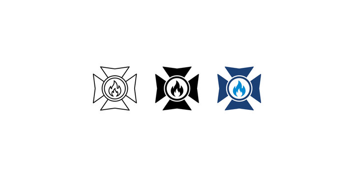 Fire department maltese cross emblem with flame icon in line black and blue versions for emergency and rescue service graphics.
