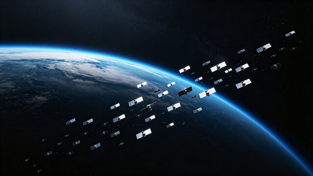 Earth limb from orbit with silver satellites, space technology and global communication theme