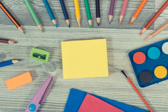 Stationery accessories and other school supplies for learning at school or preschool. Development of creativity, kids motor skills