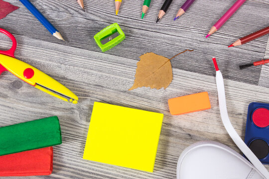 Stationery accessories and other supplies used at school. Back to school. Development of creativity, kids motor skills
