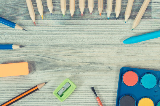 Stationery accessories for learning at school or preschool. Development of creativity. Place for inscription