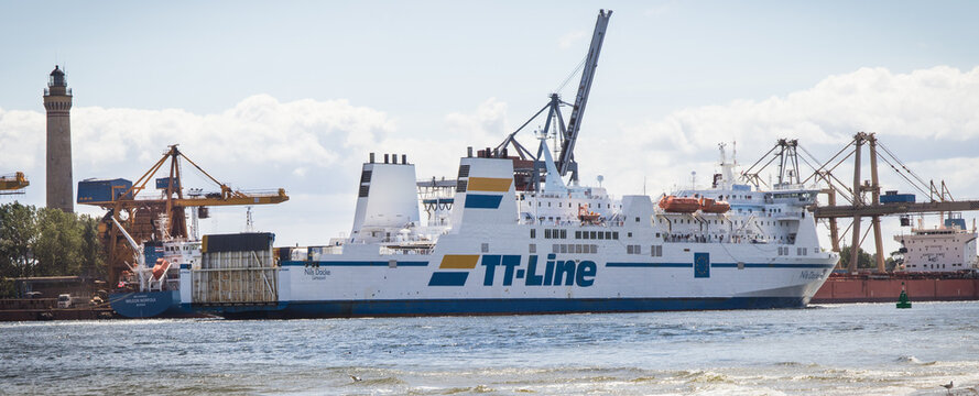 Swinoujscie, West Pomeranian - Poland - July 15, 2022: Passengers and cars ferry TT-Line Nils Dacke sailing from Trelleborg to Swinoujscie. Transport across Baltic Sea