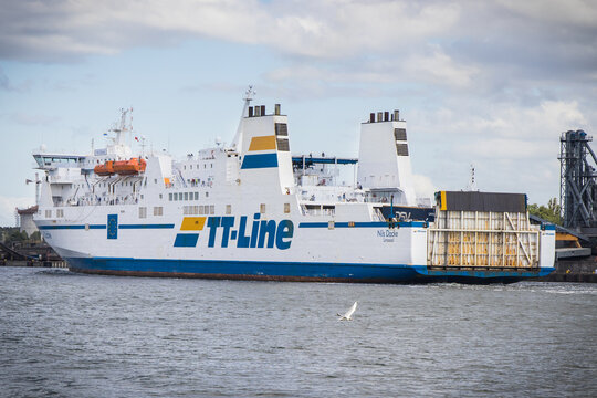 Swinoujscie, West Pomeranian - Poland - July 15, 2022: Passengers and cars ferry Nils Dacke sailing from Swinoujscie to Trelleborg. Transport across Baltic Sea