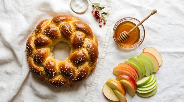 Round challah bread with sliced apples and honey for rosh hashanah celebration perfect for rosh hashanah