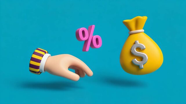 Hand Reaching Toward Yellow Money Bag with Percent Symbol Representing Interest Rates Finance and Investment