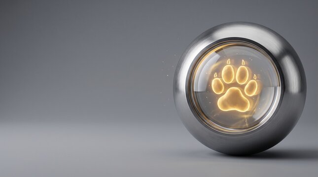 Polished steel sphere enclosing optical glass lens with glowing golden holographic animal paw print, grey background with copy space for World Animal Day pet tech commercial stock photo