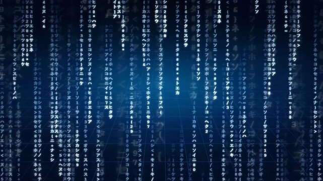 Digital blue data stream with falling binary code and network connections on dark background