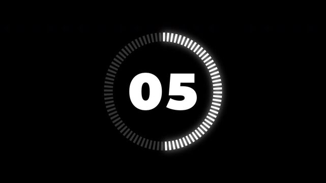Minimalist digital count up timer from zero to nine with a circular loading progress bar animation on a black background for simple video overlays and motion graphics