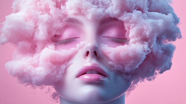 Abstract Dreamy Female Portrait with Soft Pink Clouds