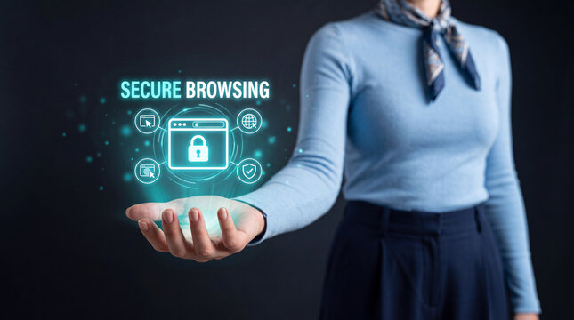 Secure Browsing Hologram Icon Above Businesswoman Hand Cybersecurity Concept