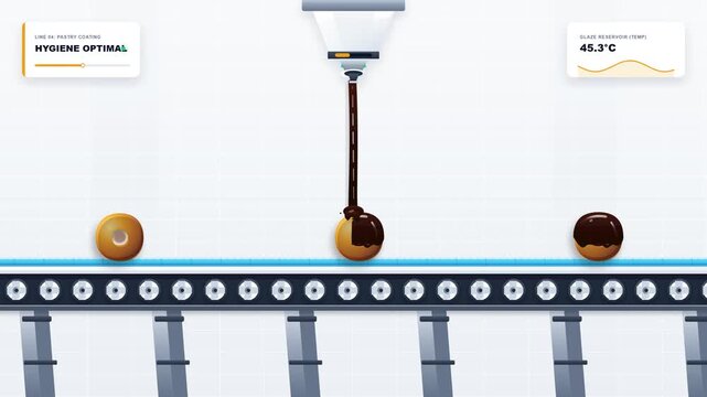 Donuts on Conveyor Belt with Chocolate Glaze Station
