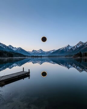 Stunning total solar eclipse glowing over majestic snowy mountain range, serene alpine lake reflection, vintage wooden dock, twilight blue sky, surreal landscape photo.