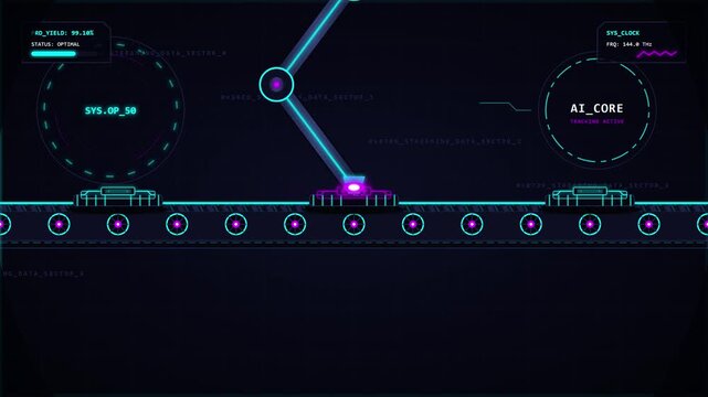 Futuristic Automated Conveyor Belt with AI Robotic Arm Processing Data Units