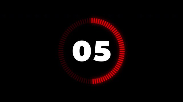 Simple digital count up timer from 00 to 09 with a red circular loading bar animation on a black background suitable for alpha channel transparency in video projects