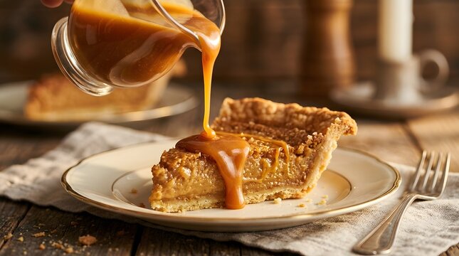 Caramel sauce pouring over a slice of butterscotch cinnamon pie on a rustic wooden table, perfect for butterscotch cinnamon pie day