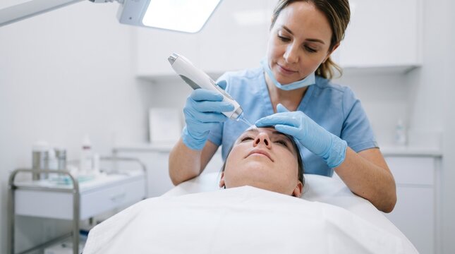 Woman receiving professional facial skin treatment from a female aesthetician using a handheld device in a modern clinic. Anti aging skincare and cosmetic dermatology concept