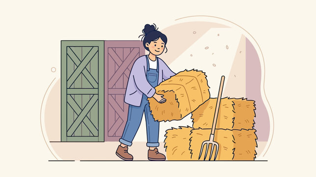 A happy farmer girl stacks hay bales in a barn while working on a farm at harvest time