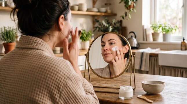 Woman applying cream while examining her reflection in a round mirror at home. Daily skincare routine for youthful skin, facial care, beauty and self care