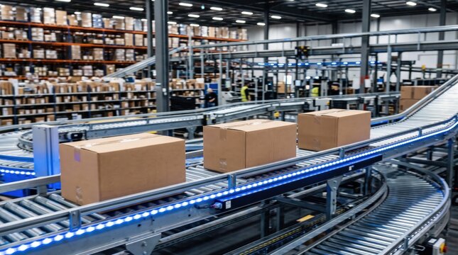 Automated warehouse conveyor transporting cardboard boxes through a high tech fulfillment center. Logistics, distribution, robotics, and efficient supply chain management concept.