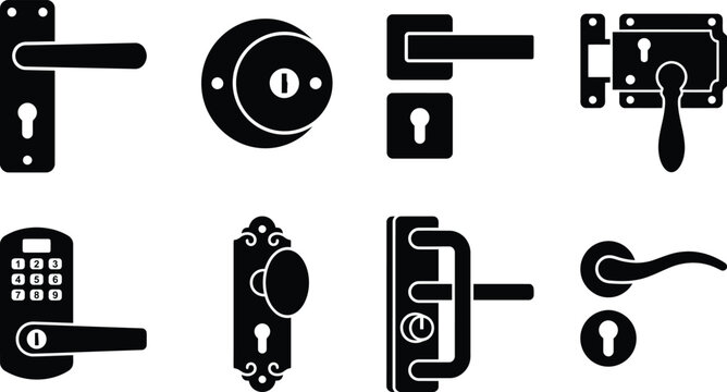 Door Lock and Handle Vector Silhouette Set, Security Door Knob and Keyhole Hardware Icons