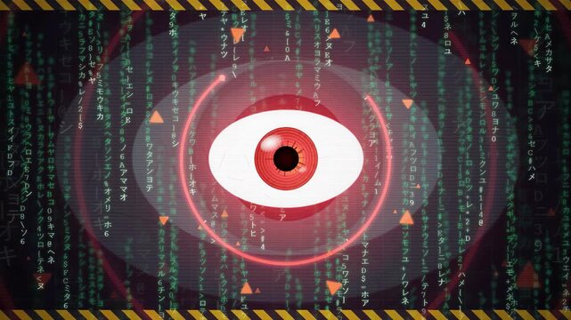 Digital surveillance concept with a glowing red eye and falling matrix code on dark background