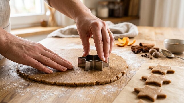 Hands cutting star shaped gingerbread dough with a cookie cutter on a wooden table with spices