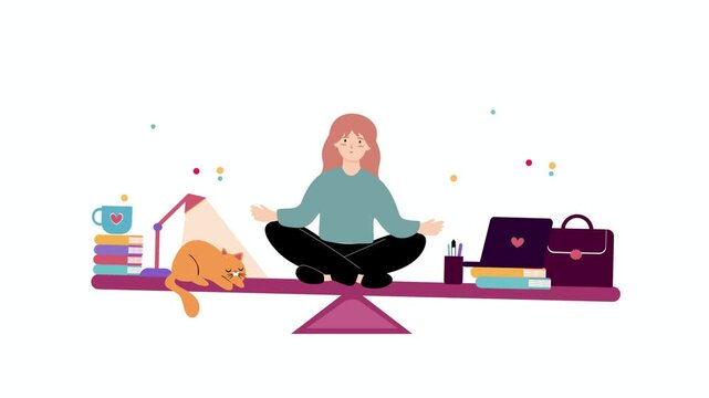 Work Life Balance and Stress Relief Concept Video, Woman Meditating Between Work and Life Motion Graphic