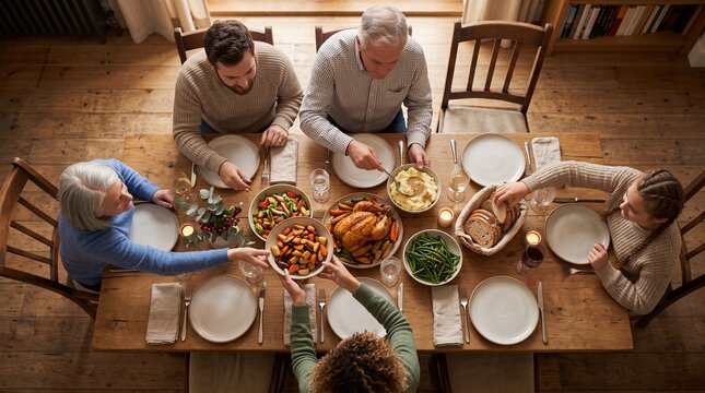 Family enjoying a traditional roast chicken dinner together at a rustic wooden table, overhead view