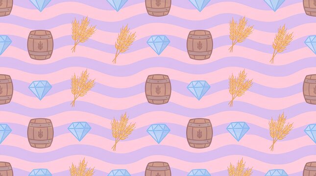 Seamless vector pattern with wooden barrels wheat stalks and blue diamonds on wavy background