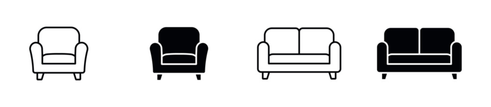 Armchair and Sofa Icon Set. Lounge Chair, Couch, Seating, Home Furniture and Interior Design Symbols. Vector Illustration.