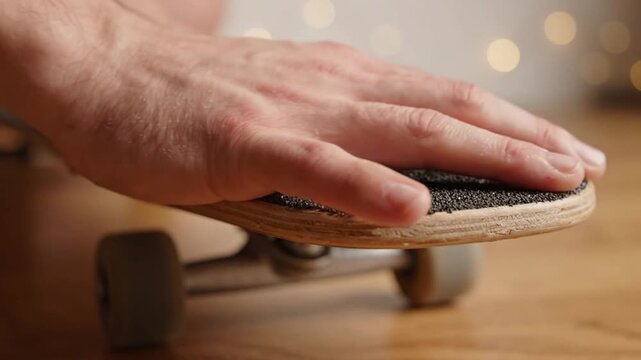 Male hand touching skateboard grip tape texture close-up indoors.
